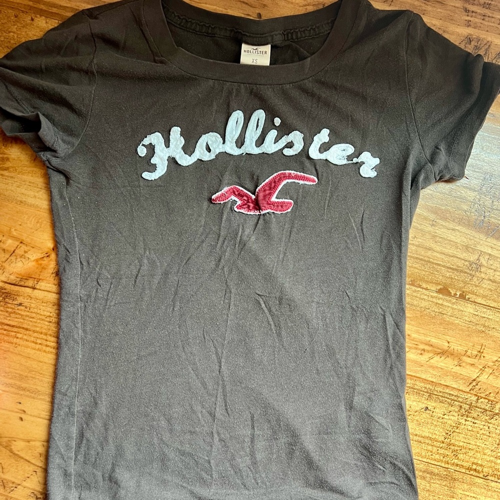 Hollister Black Short-Sleeve Tee with Pink Seagull and Light Blue Script